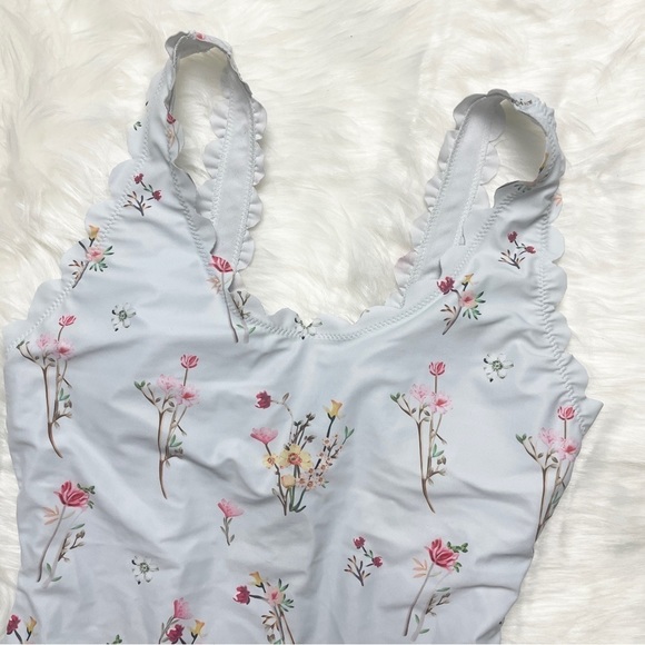 ✨ Jane Flirty Pastel Blue Scalloped Double Lined Vintage Floral One Piece Sz S - Picture 5 of 9